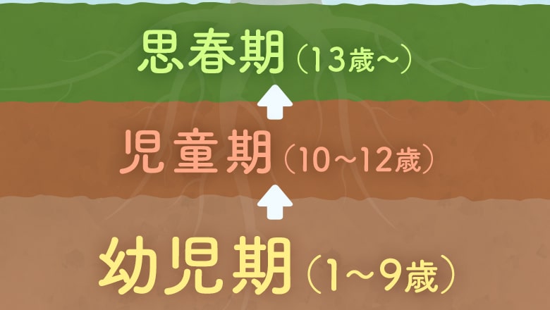幼児期（1～9歳）児童期（10～12歳）思春期（13歳～）